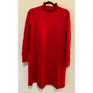 Loft Red Sweater Dress Long Sleeve Knit Ruffled Neck Medium Petite
